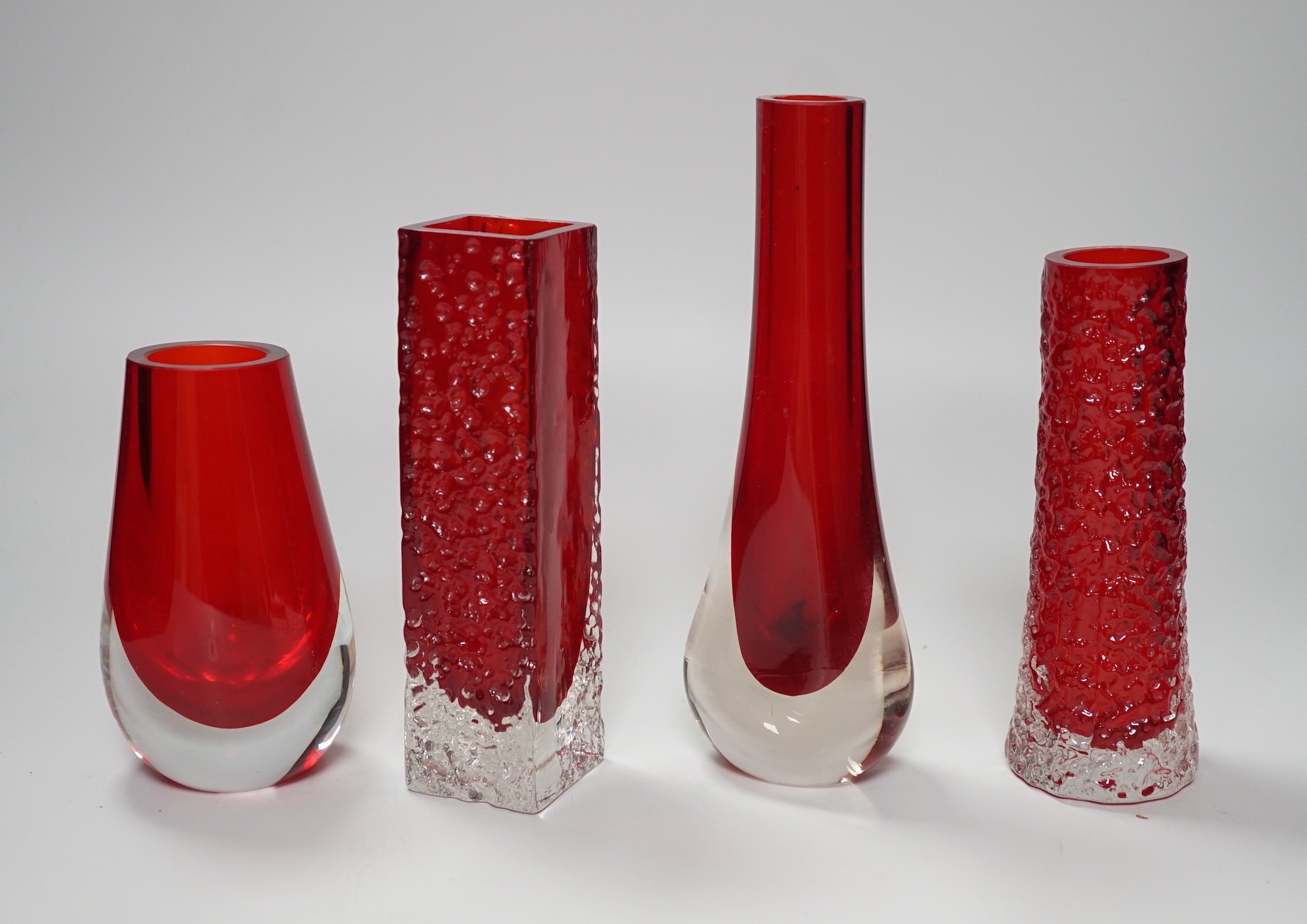 Four Whitefriars ruby glass vases, 20cm